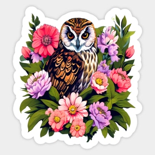 A Cute Short Eared Owl Surrounded by Bold Vibrant Spring Flowers Sticker